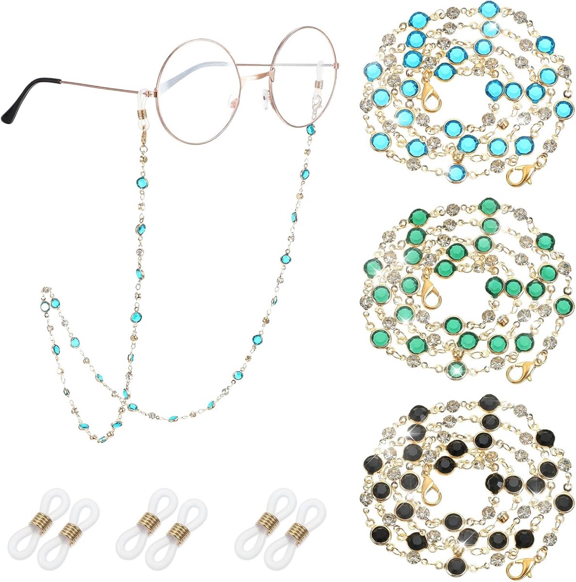 3 Stuks Oogglas Houders Rond de Hals - Stijlvolle Kralen Oogglazen Ketting voor Dames en Heren, Vintage Lezen Oogglas Nekband met Lus en Ring