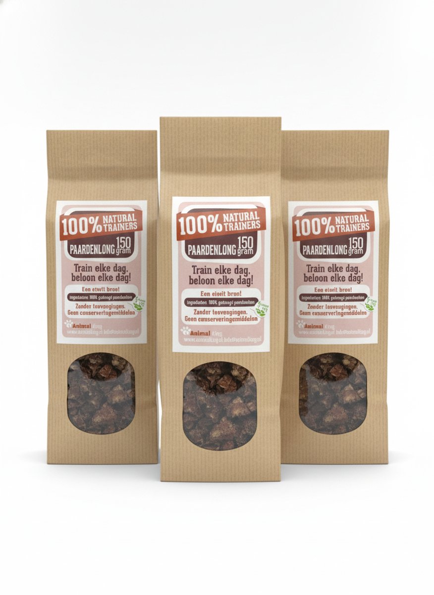 animalking Natural Trainers - Trainingssnack Paardenlong voor Honden - Hypoallergeen & Graanvrij - 3 x 150 gram Voordeelverpakking