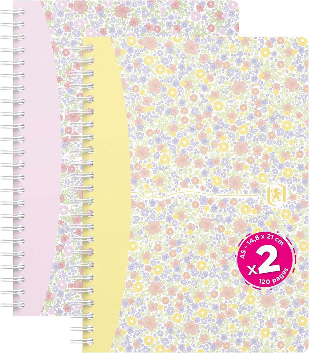 SnelShoppen - Set van 2 A5 Spiraalnotitieboeken met Kleine Ruitjes, 120 Pagina's, Kaartomslag in Pastelkleuren, Floral Motief voor School, Kantoor en