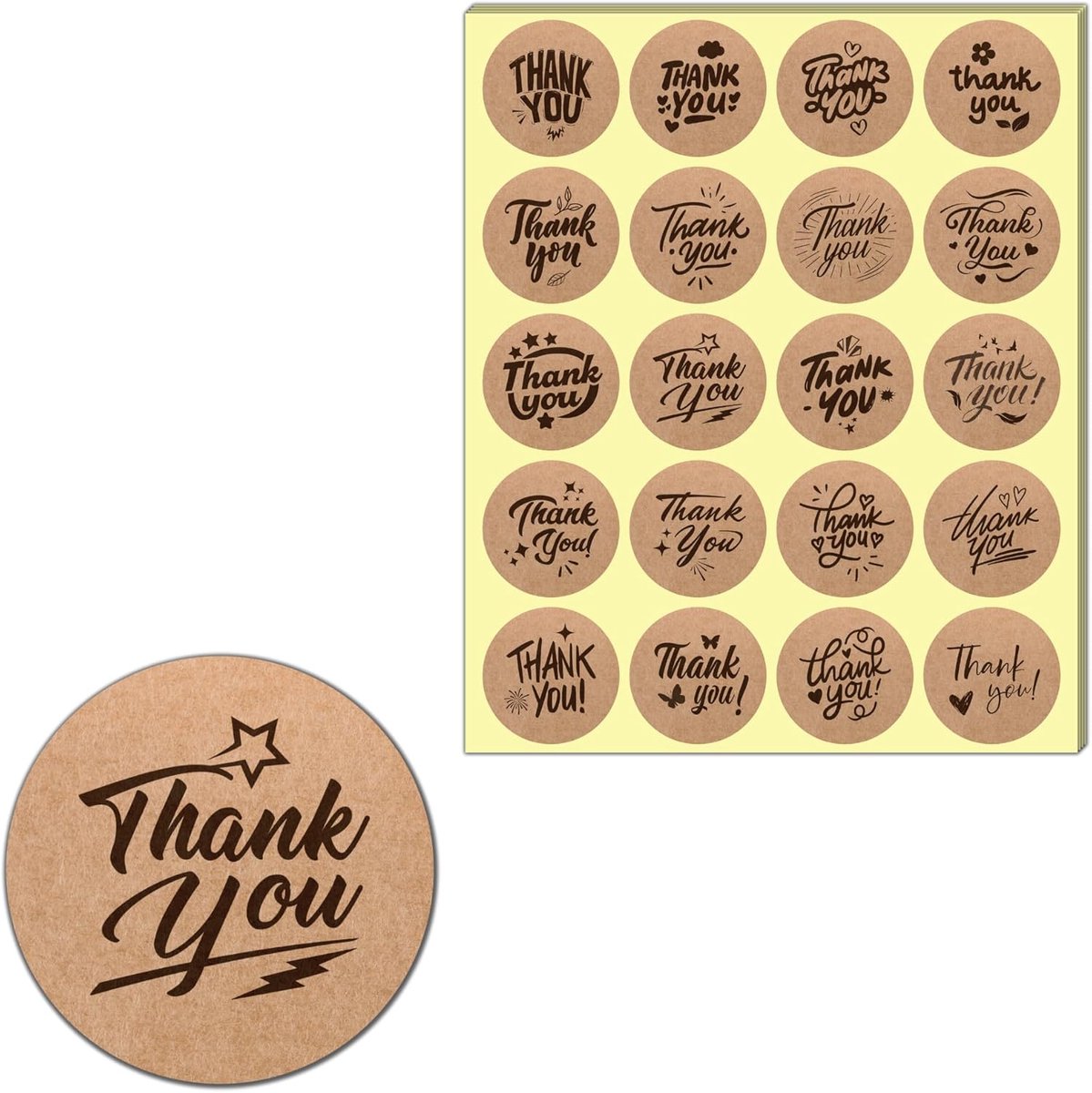 Thijox - 500 Stuks Bedankt Stickers Zelfklevend, 20 Ontwerpen Kraft Bruin, 50mm, Perfect Voor Kleine Bedrijven, Cadeaus, Feestjes, Verpakkingen, Perso