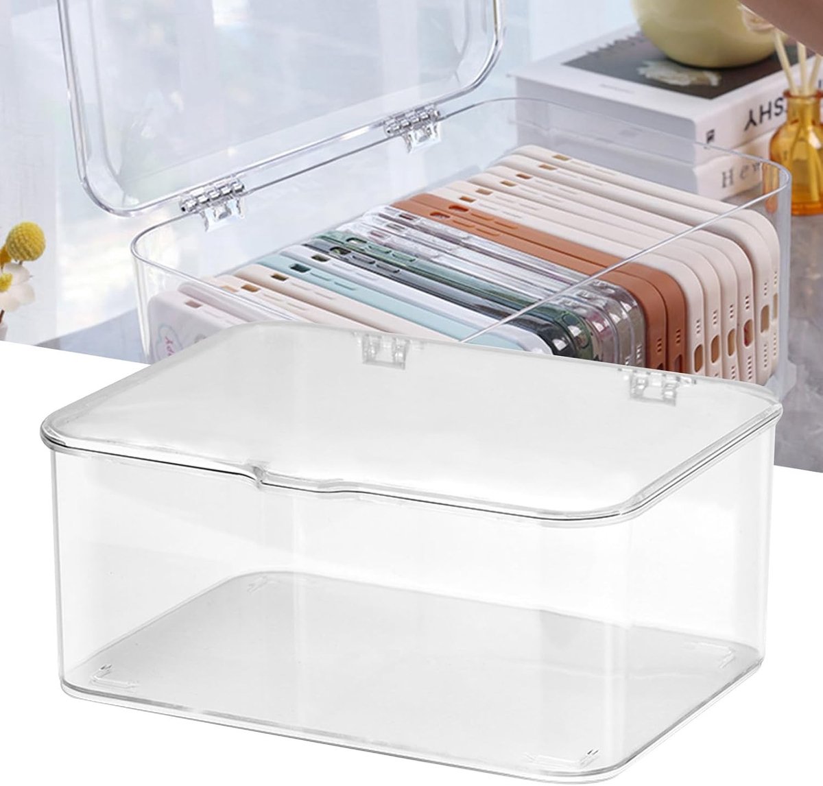 Ruime Opbergdoos voor Telefoonhoesjes, Stofdicht en Slijtvast, Desk Organizer met Deksel voor Studentenhuis en Kantoor