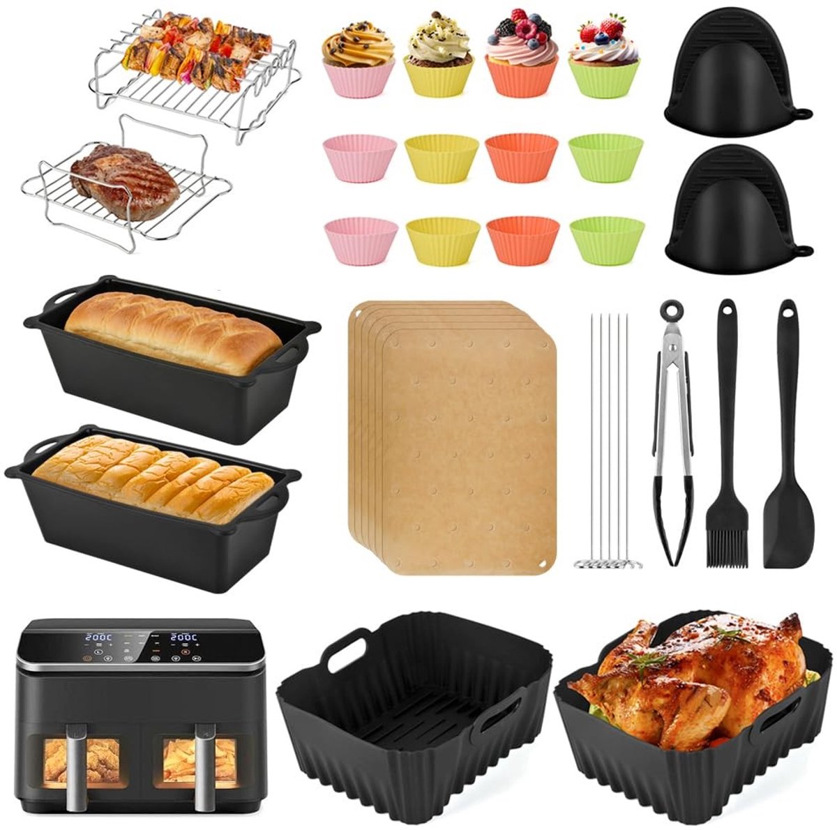 Inovra- Airfryer 28 Stuks Accessoires 8 5 L Herbruikbare Siliconen Vormen Houder voor Airfryer BPA-vrij en Vaatwasserbestendig Heteluchtfriteuse