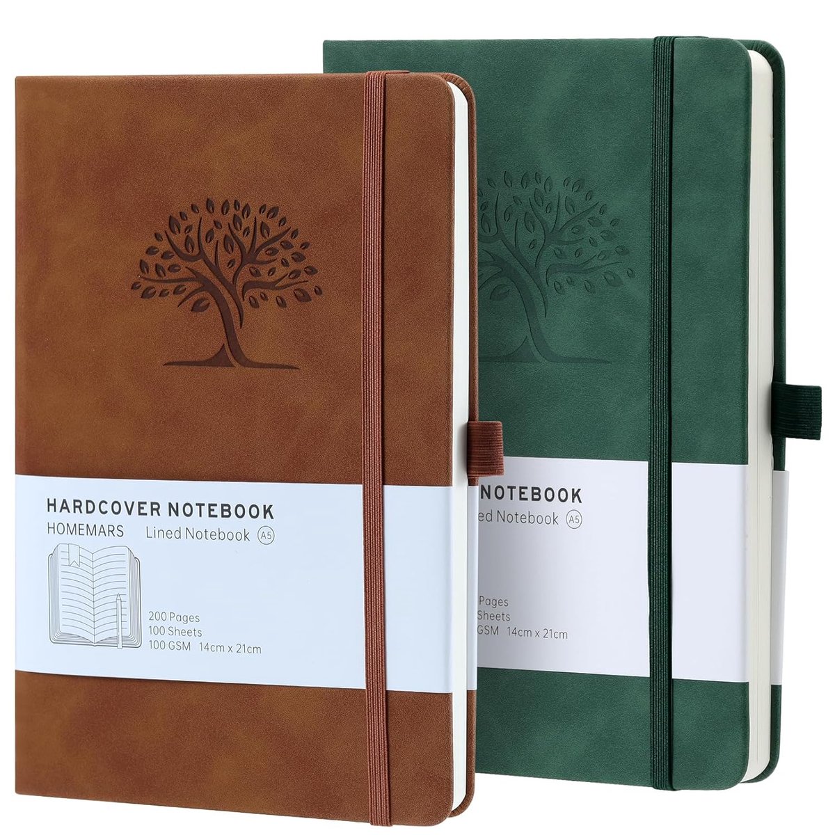 Thijox - A5 Notebook Set van 2, Bruin Groen Hardback Dagboek met 100 Vellen 100gsm, Embossing Boom Design, Perfect voor Journalen, Schrijven, en Notit