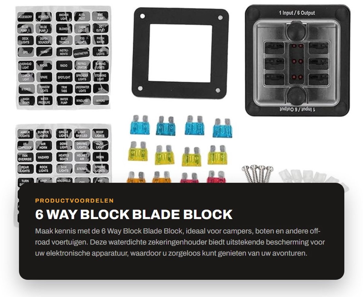 Inovra - 6 Way Block Blade Block - Waterdicht - LED-waarschuwingsindicator - Zekeringenhouder - Geschikt voor Auto en Marine - 10 x 10 x 7 cm