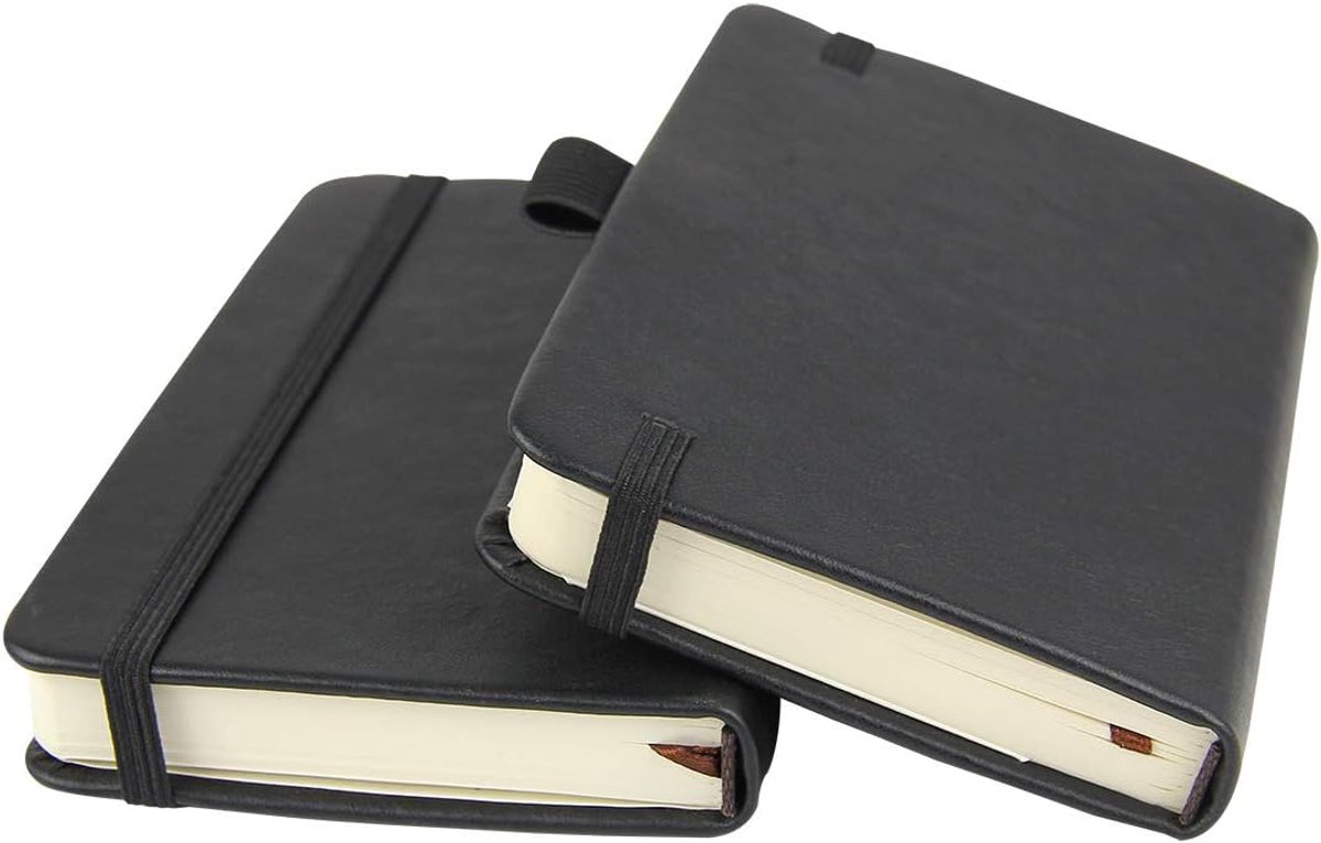 SnelShoppen - Set van 2 Notebooks 9x14 cm, Hardcover met Penhouder, Binnenzakken, 100 g/m² Lijnd Papier, Zwart, Ideaal voor Notities, EDC, Studenten,