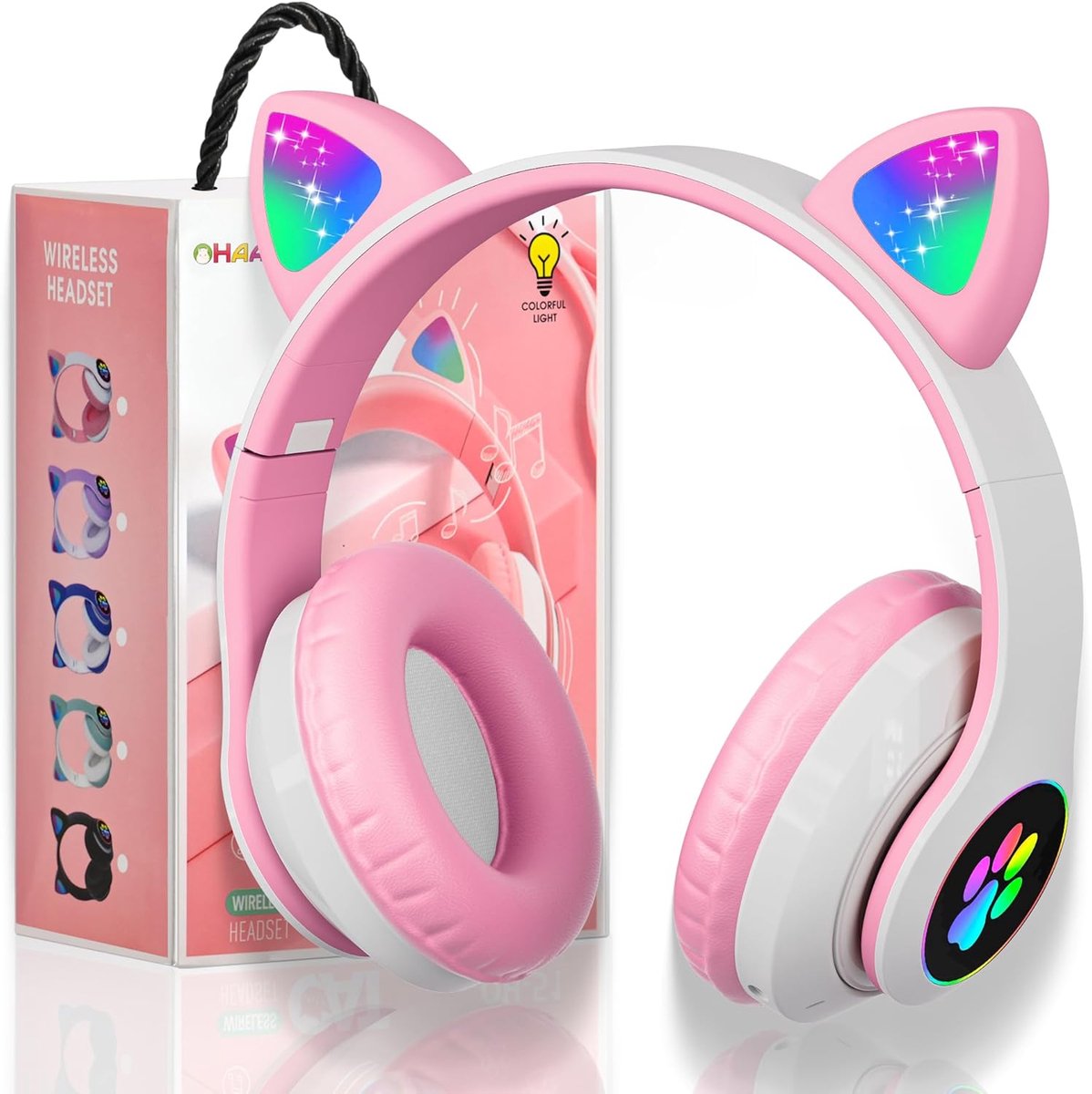 Thijox - Draadloze kinderhoofdtelefoon met LED-licht, Kattenoren, Opvouwbaar, Bluetooth Hoofdtelefoon met Microfoon voor Meisjes, Zwart/Roze, Perfect