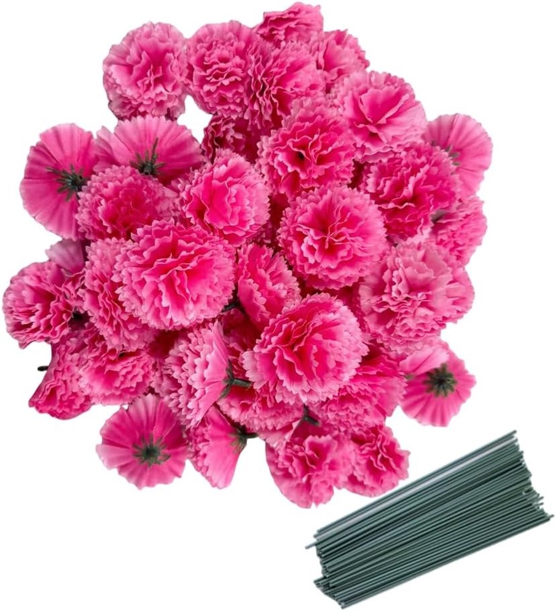 50 Kunstzijde Anjer Bloemkoppen met Steel Set, Perfect voor Vaasvullers, Bruiloft Decoratie en Feestelijke Versiering, 2 inch Bloemblaadjes met 20cm Steel