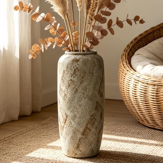 Grote Vloervaas van Keramiek in Rustieke Stijl van 40 cm - Bohemian Vintage Decor voor Woonkamer, Plank en Entree met Textuur in Terracotta