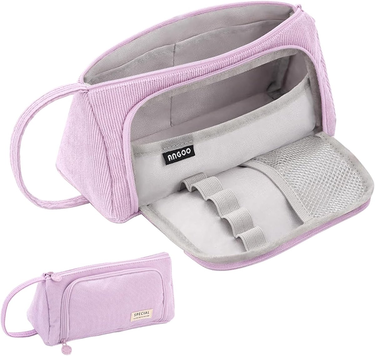 SnelShoppen - Grote Capaciteit Pennenbak met 3 Compartimenten voor Kinderen en Studenten - Paarse Corduroy Pennenzak 10 x 9 x 20.5 cm voor School en K