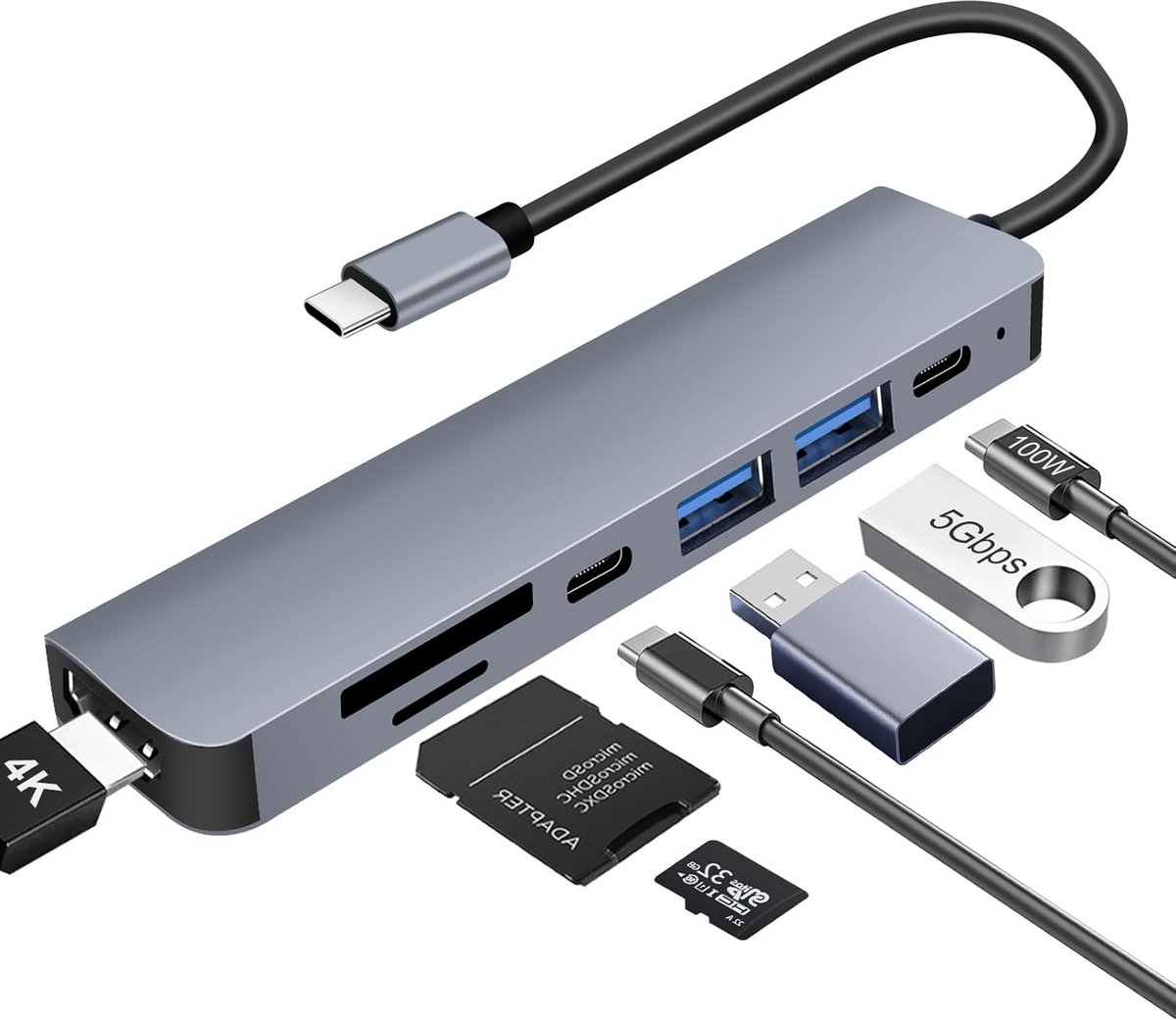 Thijox - USB-C Hub 7-in-1 met PD 100W, 4K HDMI, 3 USB-A/C Datapoorten, SD/TF-Kaart, 5 Gbps Multiport Adapter voor MacBook Air/Pro, iPad, iPhone 17, Ga