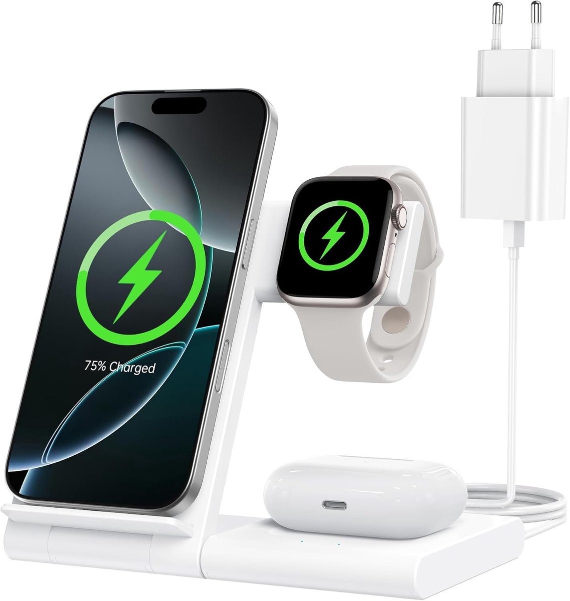 SnelShoppen - 3-in-1 Oplaadstation voor iPhone, Apple Watch en AirPods - Draadloos Oplaadstation voor iPhone 17/16/15/14/13/12/11, Apple Watch Ultra 3