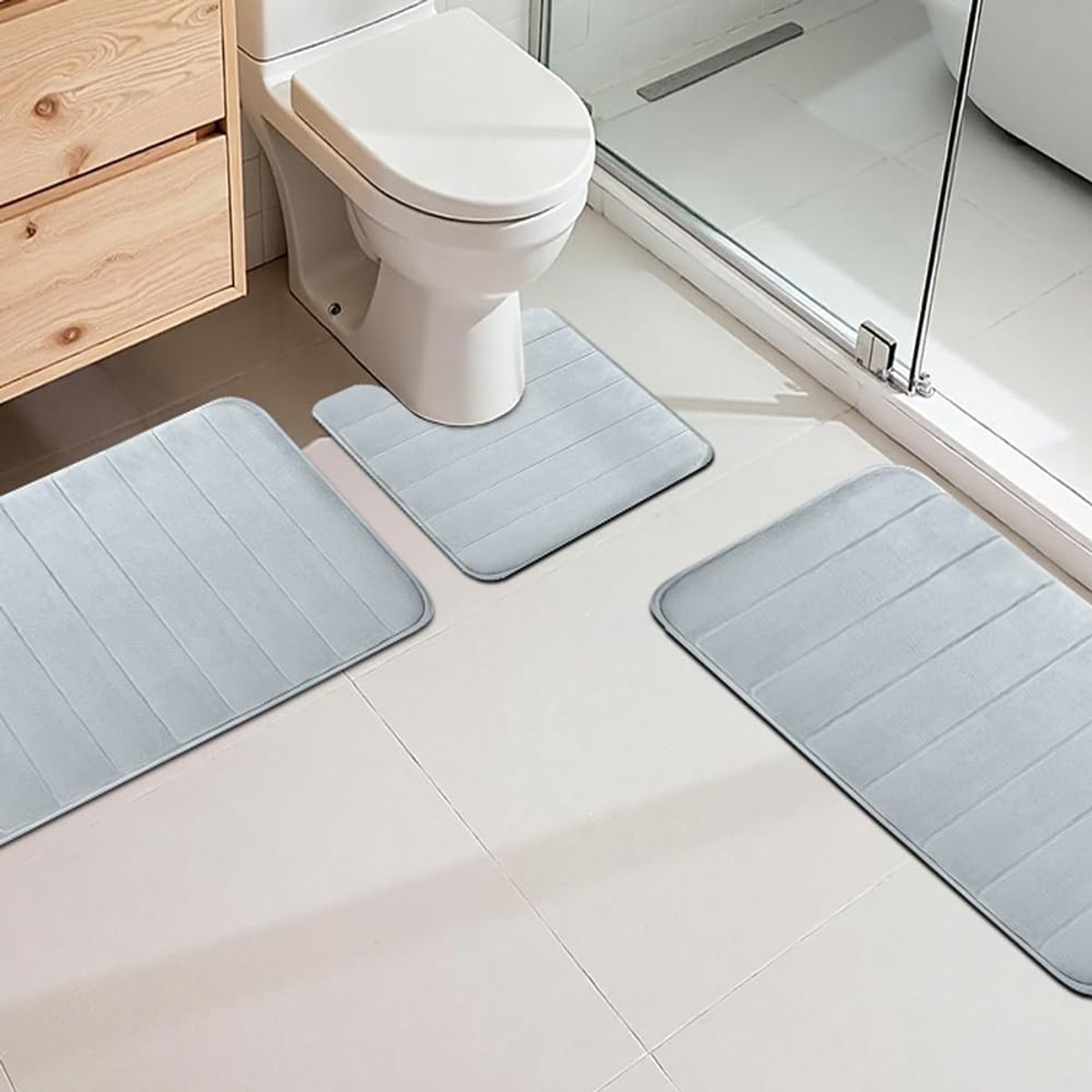 3-delige badmatset van zachte microvezel, antislip en wasbaar, ideaal voor douche en toilet (lichtgrijs)