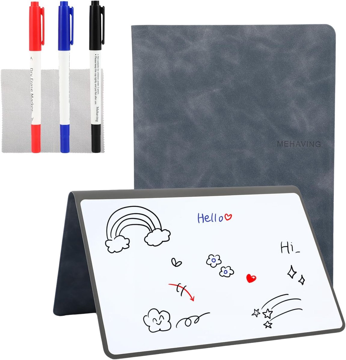Thijox - Mini A5 Draagbaar Uitwisbaar Whiteboard met 3 Kleurpotloden, Opvouwbaar en Compact, Grijs met PU Hoes en Reinigingsdoek voor Thuis, School of