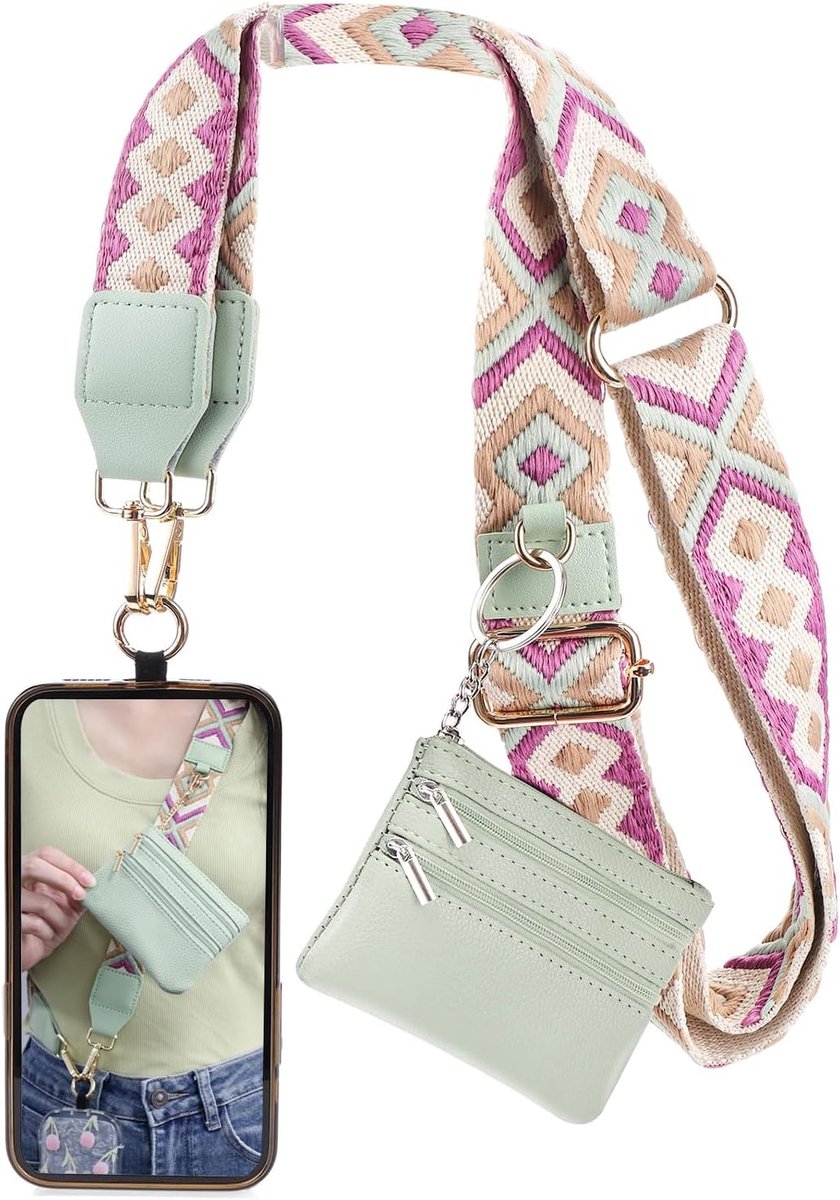 Thijox - Telefoonketting met Zak, Verstelbare Crossbody Telefoonriem met Ritsvak, Universele Telefoonband voor Dames, Groen, M - Ideaal voor Feest, Ui