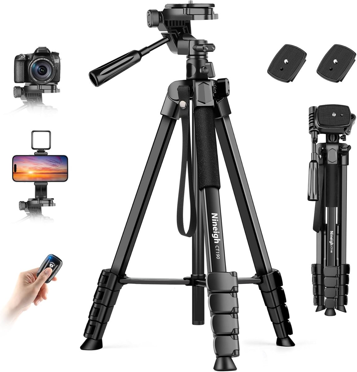 Thijox - 75" Lichtgewicht Camera Statief met 3-weg Pan Head, Smartphone Statief met Afstandsbediening en Draagtas voor Reizen, Vloggen, Fotografie, Yo