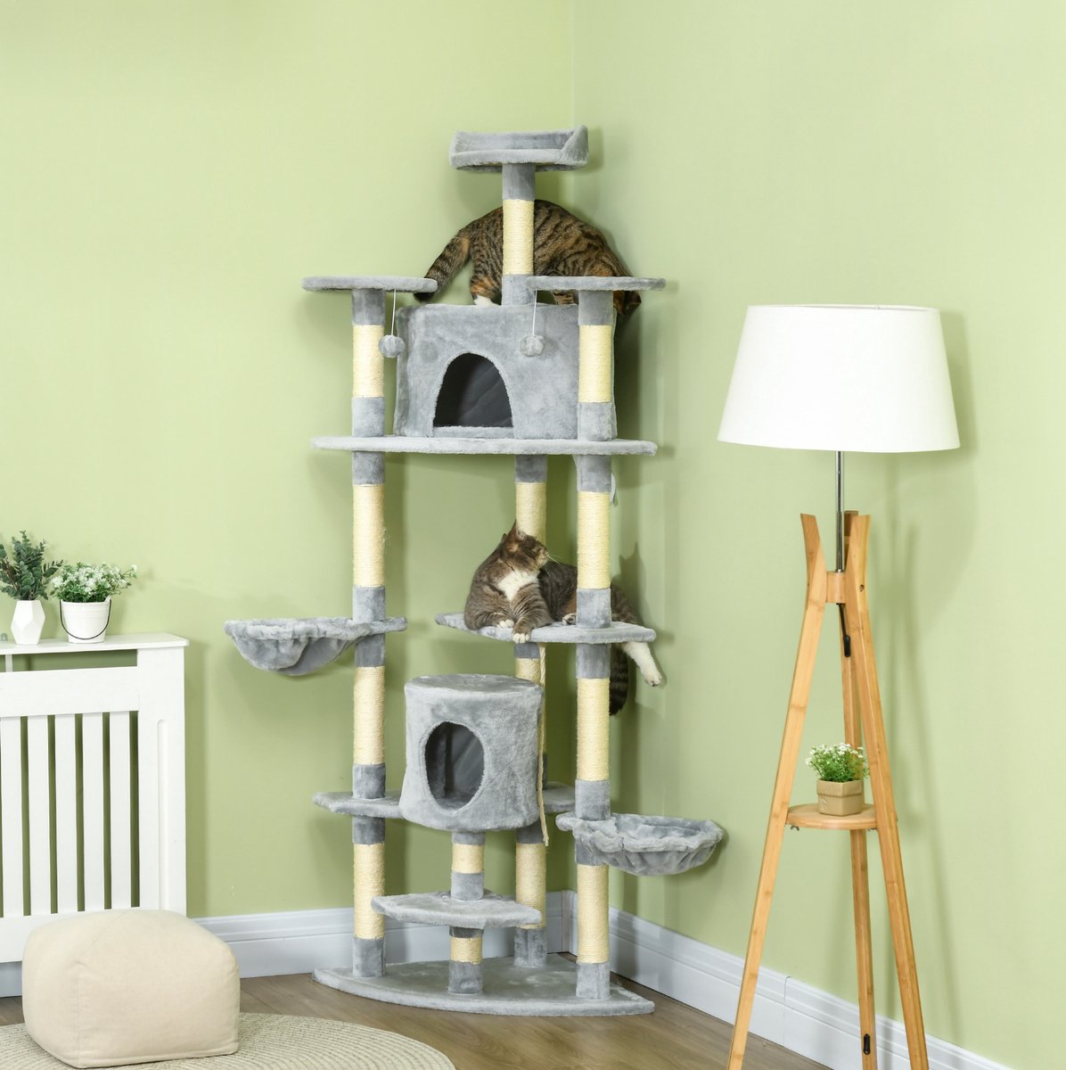HAUSS SPOLE Krabpaal – XXL 200 cm – Met 2 Kattenhuisjes En 2 Hangmatten – Spaanplaat, Sisal En Pluche – Lichtgrijs – Voor Spelen En Rusten