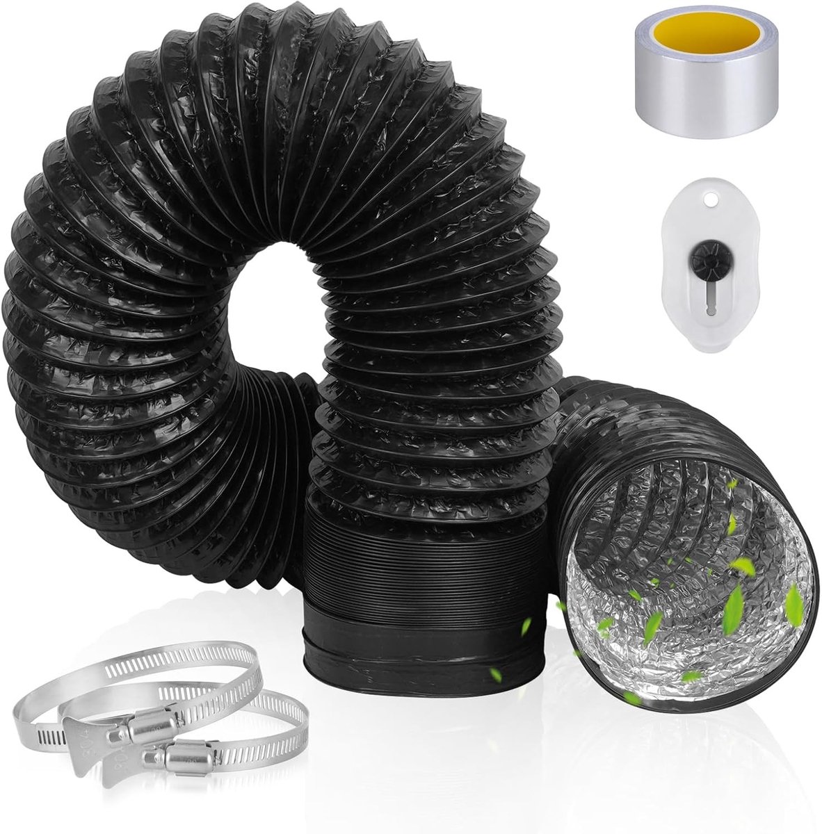 Flexibele afvoerslang 100 mm, 2 m lang van PVC met 2 RVS slangklemmen voor airco, afzuigkap en ventilatiesystemen