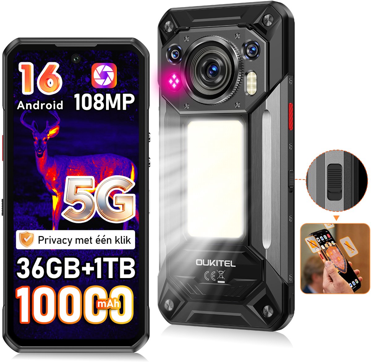Robuuste smartphone - OUKITEL WP500 Ultra - 6,78'' FHD+ scherm - 32GB RAM - 1TB ROM - 10000 mAh 45W - 5G Dual SIM - warmtebeeldcamera - NFC GPS 2026 nieuw - Zwart