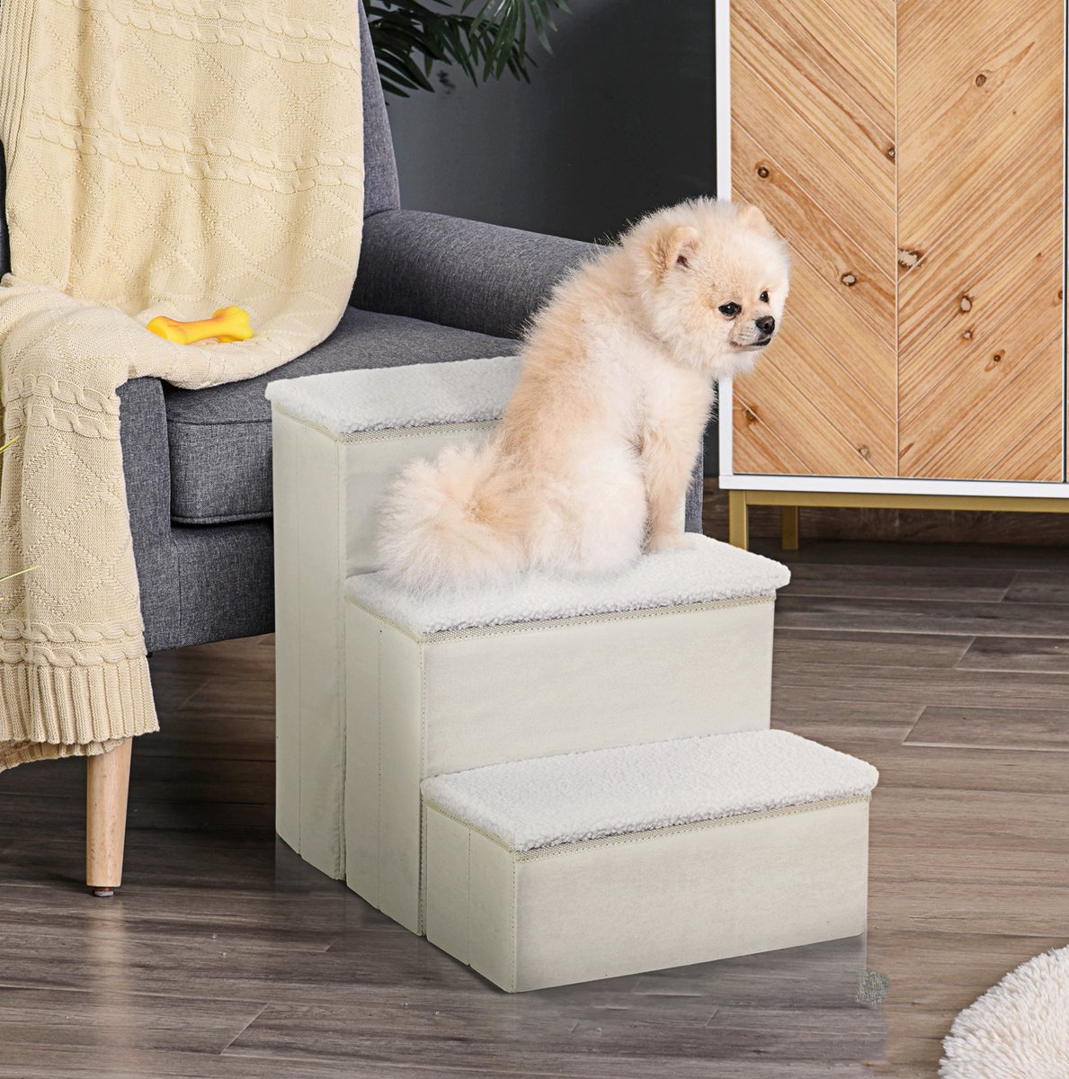 MEUNIQ opvouwbare huisdierentrap 3 treden met opbergruimte 40x54x48 cm kattentrap en hondentrap voor bank of auto wit