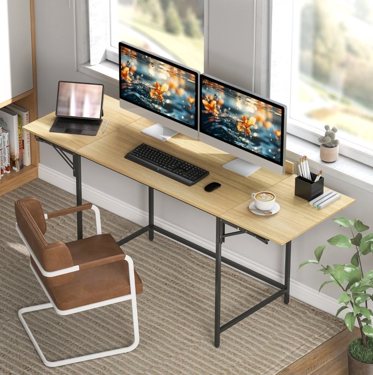 MEUNIQ inklapbaar bureau 170 x 58 x 78 cm met 2 uitklapbare zijbladen, verstelbare lengte 100/135/170 cm, computertafel met achterbord en metalen frame, eiken en zwart