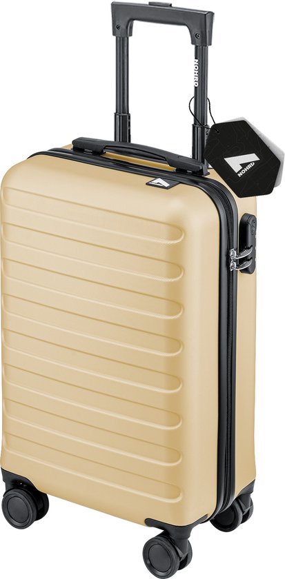 Champagnekleurige handbagagekoffer met uitschuifbaar handvat, 4 wielen en een zwart TSA-slot.