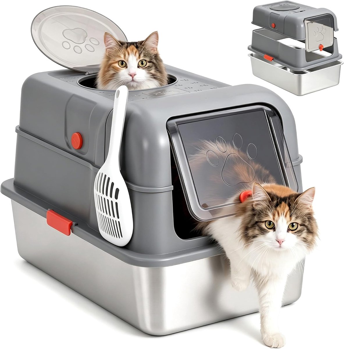 Grote roestvrijstalen kattenbak met deksel – XL gesloten metalen kattenbak – hoge randen, lekvrij – inclusief schepje, geschikt voor grote katten en huishoudens met meerdere katten – grijs