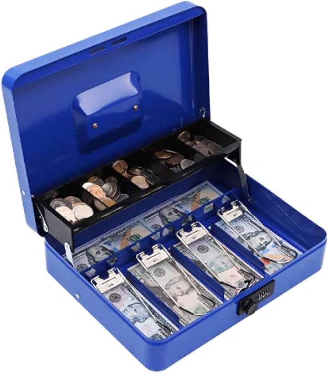 Geldcassette met lade - Kluisje met code - Geld bewaren - Combinatieslot - 30 x 24 x 9 cm - Blauw