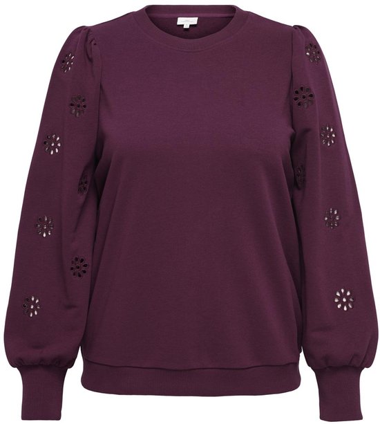 Bordeauxrode sweater met pofmouwen, ronde hals en bloemen-uitsparingen. Lange mouwen met boorden.