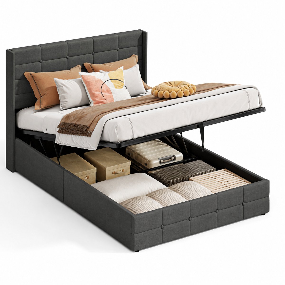 Xbro Gestoffeerd Bed 140 x 200 cm - Hydraulisch Bedframe met grote opbergruimte - Tweepersoonsbed met Hoofdbord en Lattenbodem - Bedframe geschikt voor tieners en volwassenen - Donkergrijs