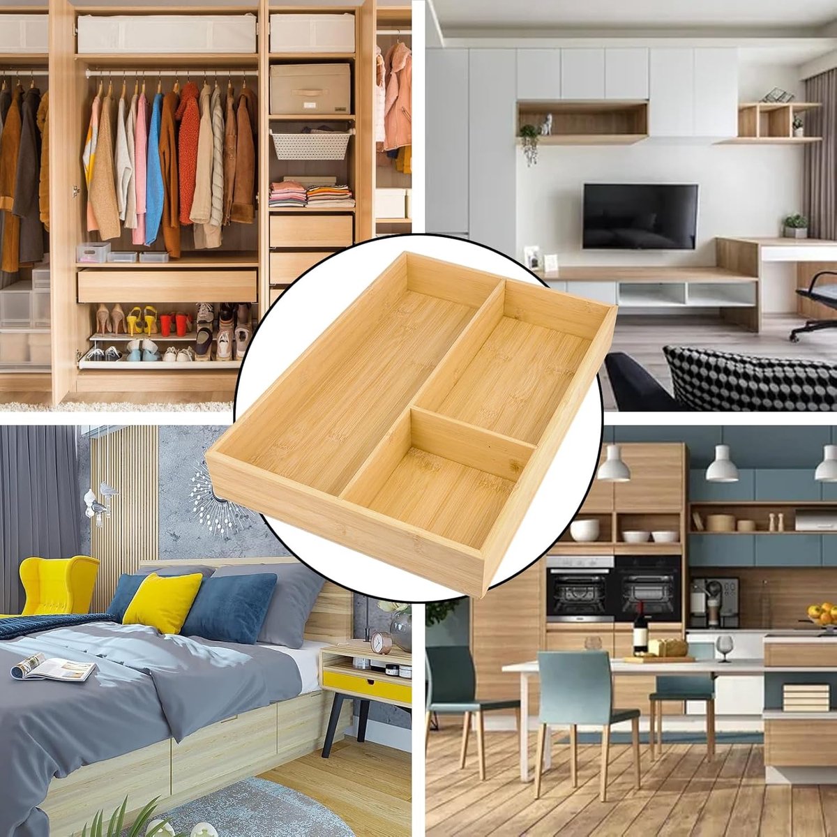 Dailygoody - Bamboo Wooden Cutlery Tray - Bestek Organizer - Natuurlijke Kleur - Keuken Indeling - 3 Compartimenten - Ideaal voor Thuiskoks