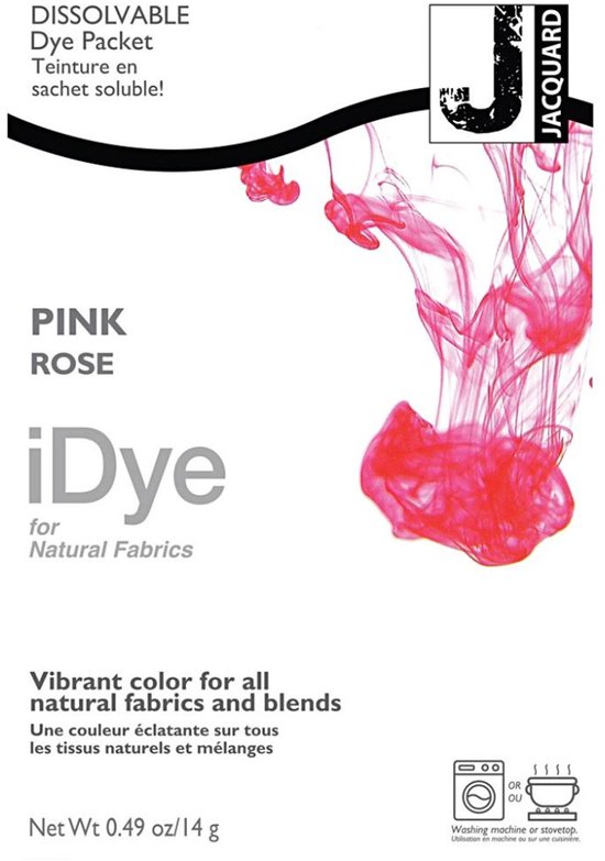 Paquet de teinture rose iDye pour tissus naturels. Le paquet montre le nom de la couleur "PINK ROSE" et "iDye for Natural Fabrics" avec des éclaboussures de teinture rose.