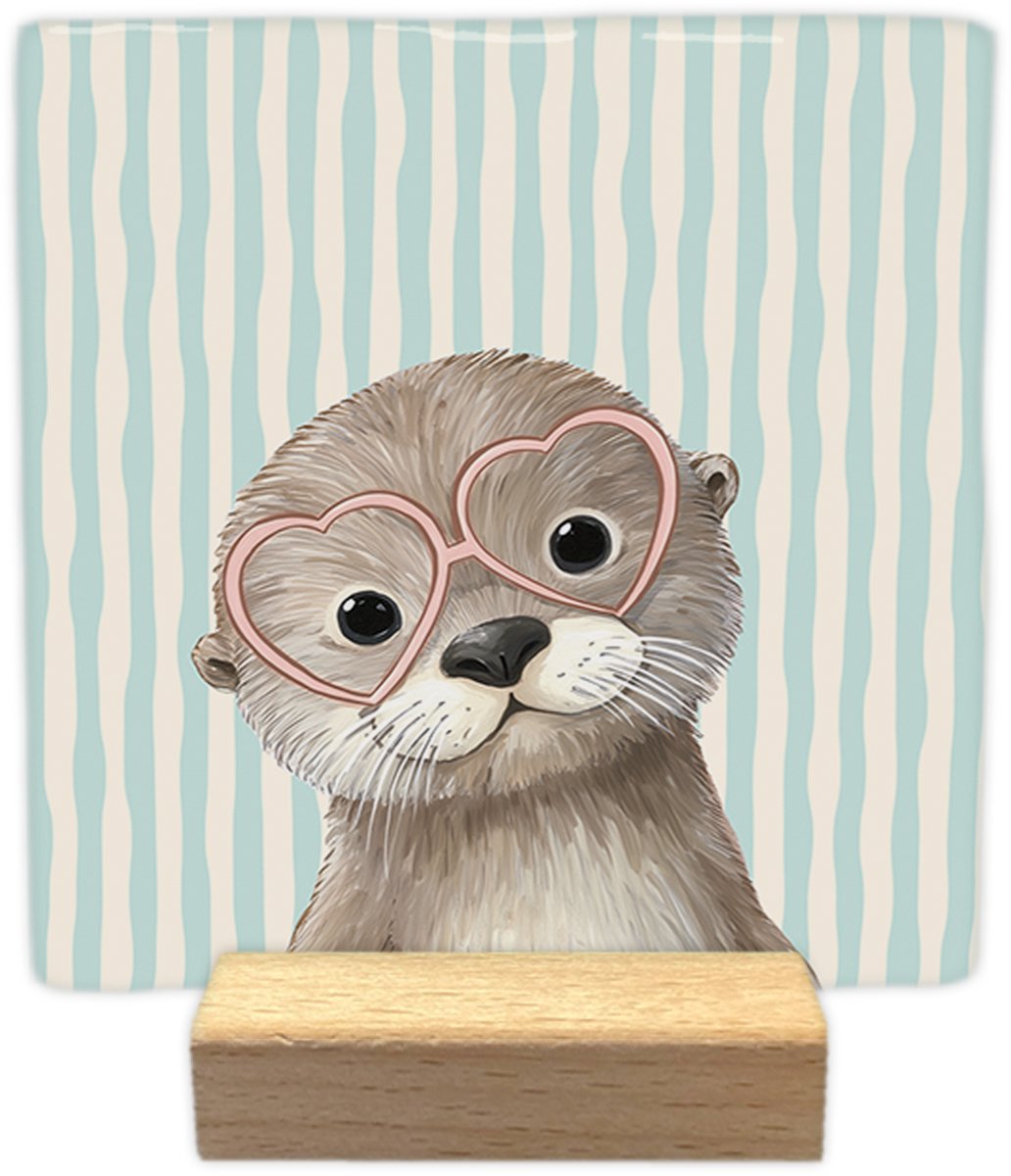 Artige Decoratie tegel - Kijkende otter - keramisch - 10x10 cm - inclusief houder Blauw