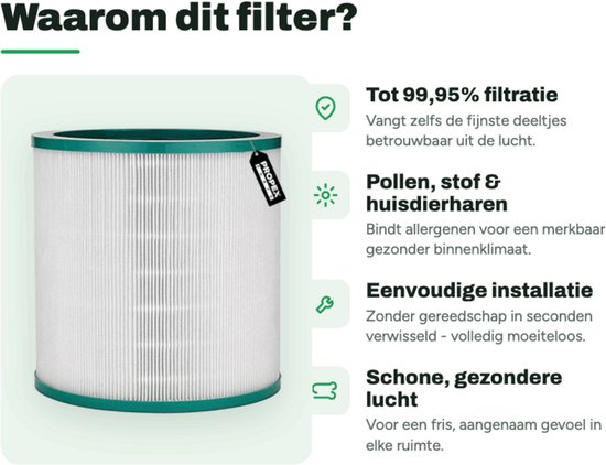 Cilindrisch HEPA-filter met groene randen en een wit filtermedium, met PROSPEX-label, in een groene grafische weergave.