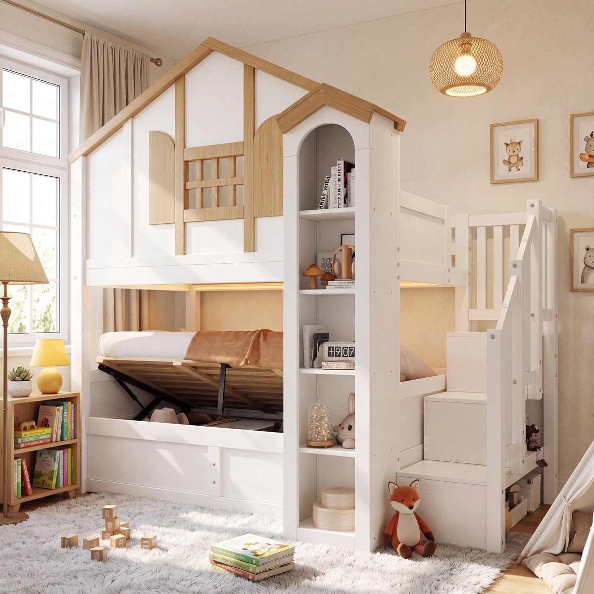 Sweiko Stapelbed - 90 × 200 cm - Huisvorm - LED-verlichting - Opbergruimte - Kinderbed - Wit + Naturel