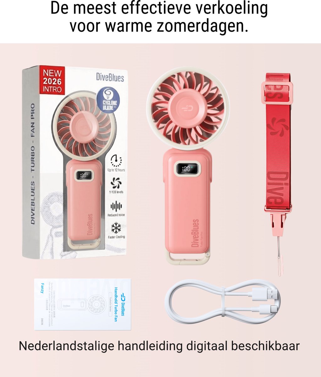 Diveblues® Handventilator Oplaadbaar - Premium Personal Fan - AIR 100 – High Speed Blaaskracht – 100 Snelheden – LED Scherm - Handwaaier – Waaier – Draagbare Ventilator - Koelt écht — afbeelding 8