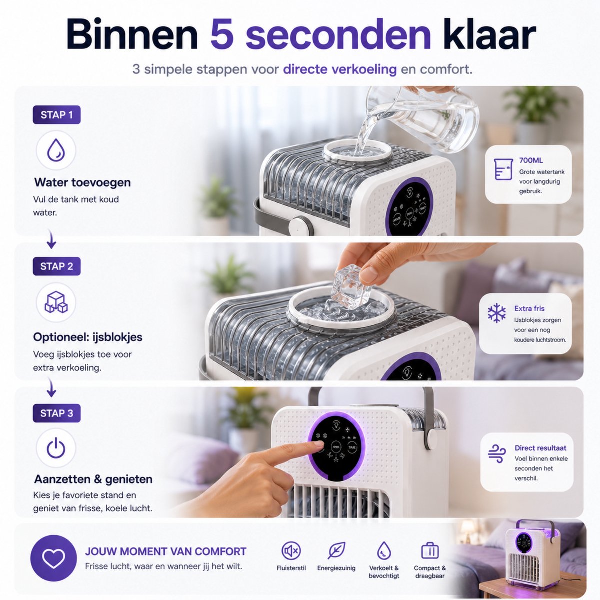 DreamGoods Aircooler - Verkoelen Met Water of IJs - 3-in-1 Luchtkoeler - Koelen, Ventileren & Bevochtigen - 700ML Watertank - Aircooler met Koelelementen - Air Cooler - Ventilateur - Mobiele Airco - Mini Airco zonder Afvoerslang - Koelventilator – foto 7