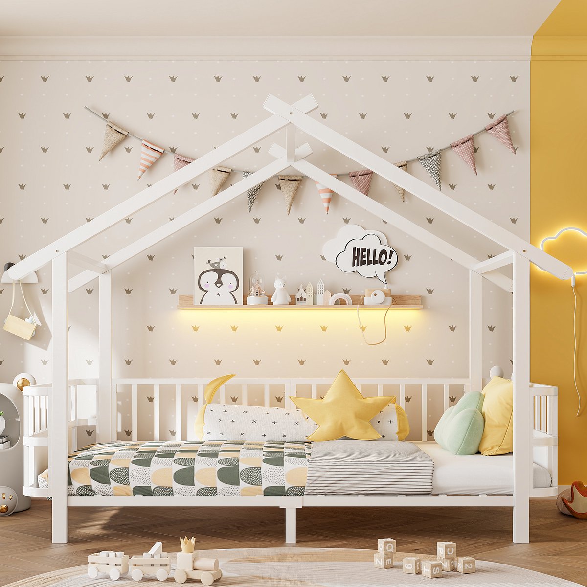 90 x 200 cm kinderbed - huisvorm - met veiligheidshekje - dakontwerp en decoratief frame - wit - zonder matras