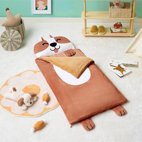 SnelShoppen - Peuter Nap Mat met Kussen en Deken - 152,4 cm x 68,6 cm - Zachte Pluche Slaapzak Bruine Hond - Ideaal voor Kinderen vanaf 3 Jaar - Voor — afbeelding 3