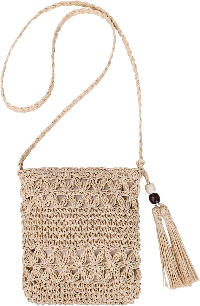 Thijox - Boho-stijl Handgemaakte Strotas Dames - Strandtas met Schouderriem en Ritssluiting - Natuurlijke Stro - Beige - 65x20x22 cm - Perfect voor Re