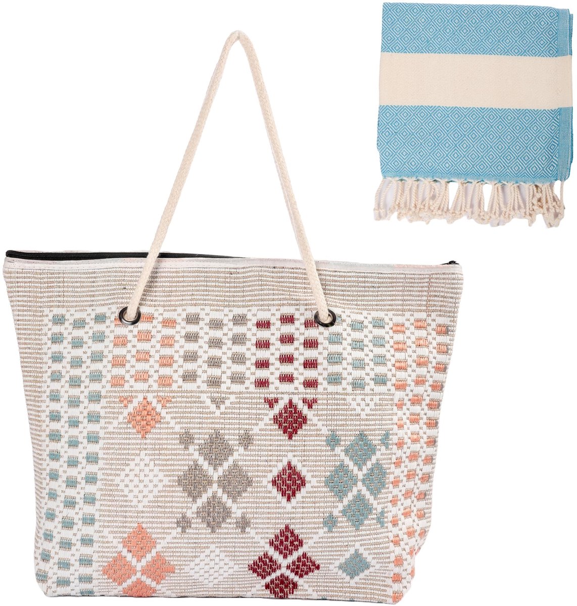 Inovra- Boodschappentas Grote - Strandtas met Ritssluiting - Boheemse Stijl - Katoenen Tas - Lichtgewicht en Duurzaam - Ideaal voor Reizen en Vakantie