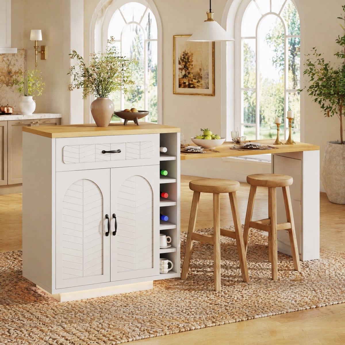 DESMIU Keukeneiland - Uitschuifbare Tafel Met Ledverlichting - 2 Lades En 4 Deuren Voor Keuken En Eethoek - MDF Metaal - 80x70x95,5 Cm - Wit