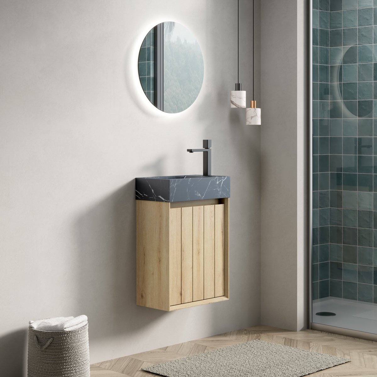 MIVRAY Badkamerkast Wandmeubel Met Ingebouwde Wastafel Van Natuurmarmer Voor Kleine Badkamers Multiplex Zwart En Eiken 40 Cm