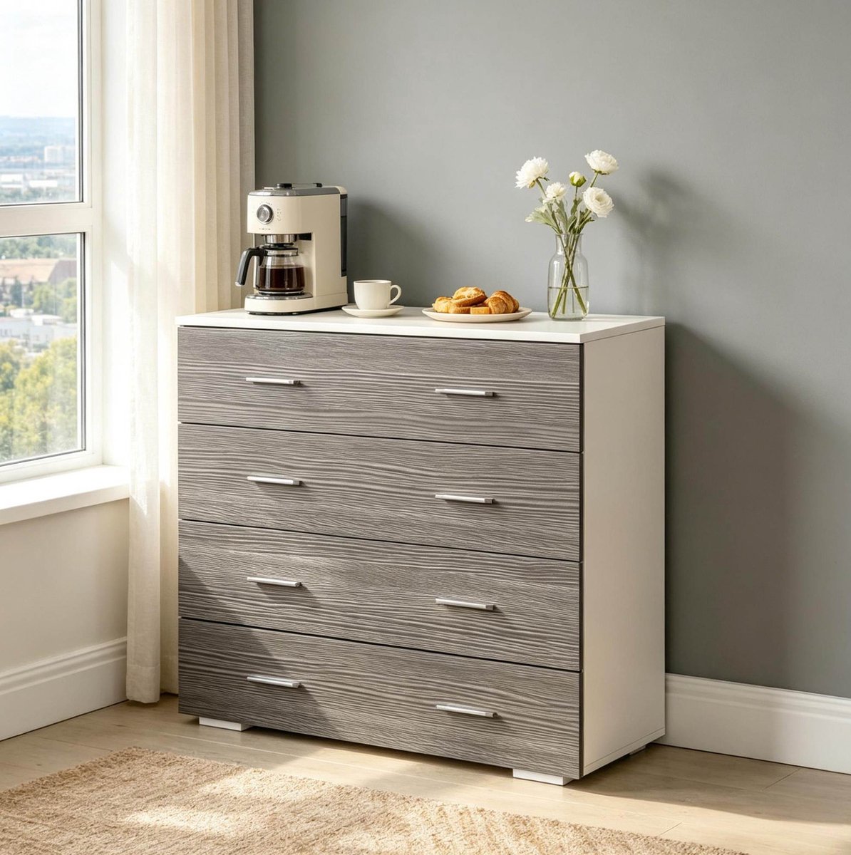 HAUSS SPOLE Dressoir - Ladekast Met 4 Lades - Voor Slaapkamer Woonkamer Hal Of Kantoor - Spaanplaat Metaal - 76x35x72 Cm - Wit Grijs