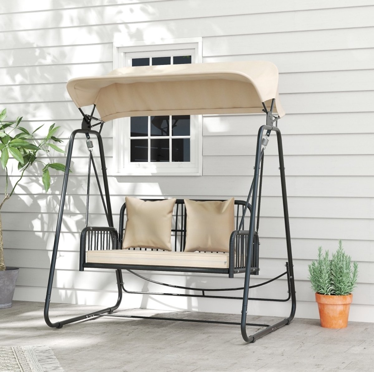 MEUNIQ schommelbank 2-zits 149 x 121 x 180 cm met verstelbaar zonnedak, kussens en 240 kg draagvermogen voor tuin, balkon of terras, khaki