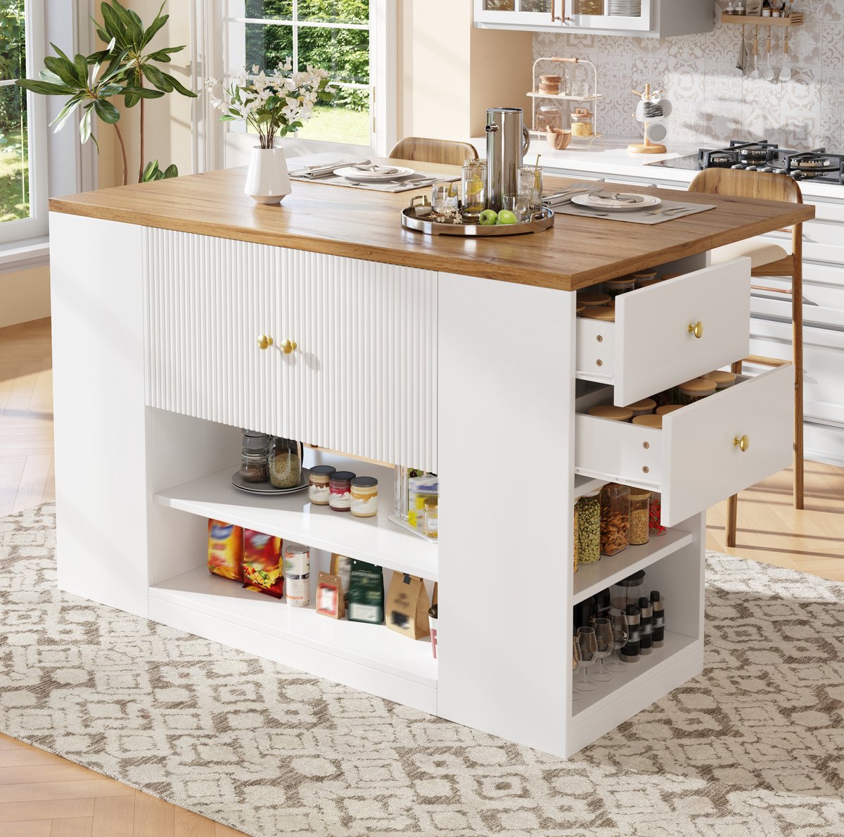 DESMIU Keukeneiland - Opklapbaar Met Lades En Planken - Voor Keuken En Eetkamer - MDF En Metaal - 140x70x90 Cm - Wit