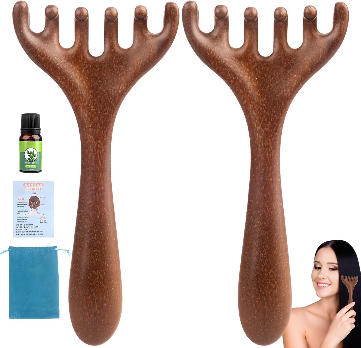 Thijox - 2-Delige Houten Hoofdmassager Set, Sandelhout Hoofdhoofdhuidkam, Gua Sha-Kam, Antistatische Massagekam, Ideaal voor Hoofd, Nek en Rug, Verlic