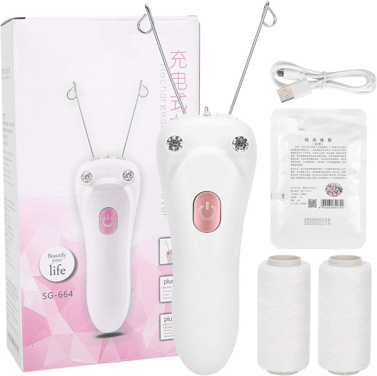 SnelShoppen - Draadloze Gezichts Epilator voor Dames - Pijnloze Huidontharing met Katoen Draad - Voor Gezicht, Onderarm, Kin en Bovenlip - Roze - Lang