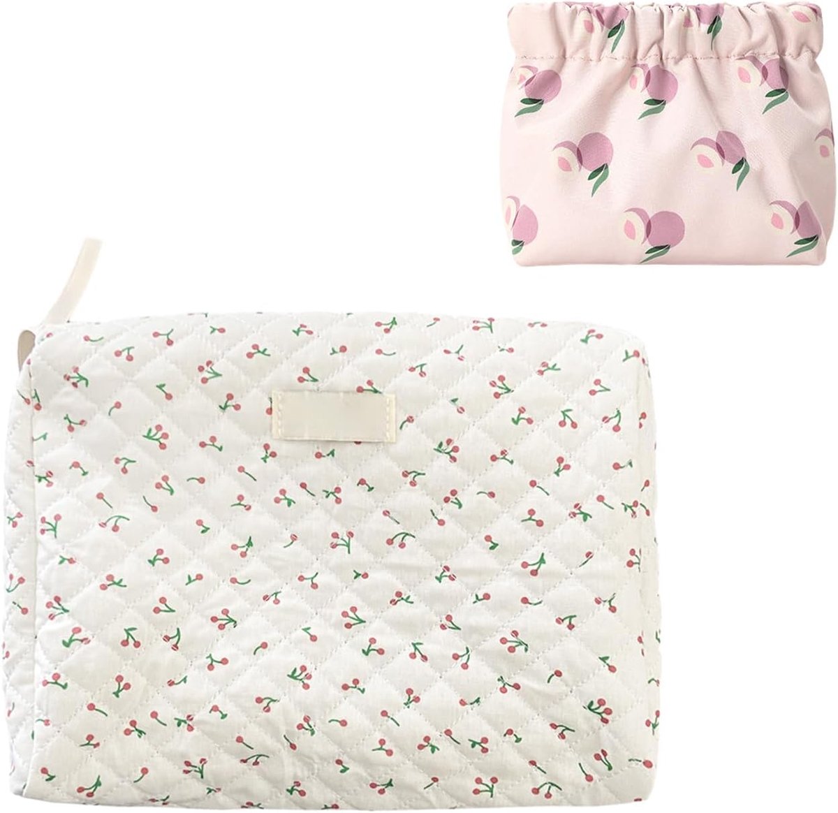 Thijox - Kersen Cosmeticatas met Mini Tas - Draagbare Make-uptas van Katoen met Bloemenpatroon - Huidverzorgingsproducten Opbergtas Wit - Perfect voor