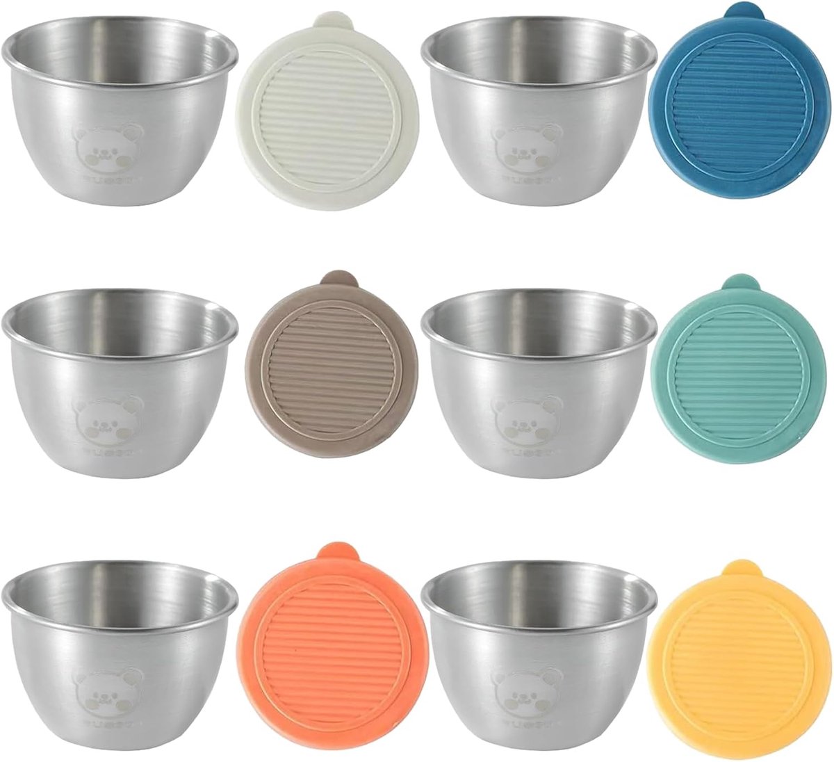 Thijox - 6-delige roestvrijstalen dressing-containers set met siliconen deksel, 80 ml mini snackboxen, herbruikbare voorraadpotjes, magnetron- en koel