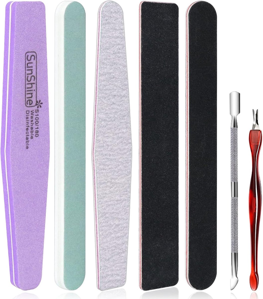 SnelShoppen - 7-delige Nagelvijl Set 100/180, Professionele Nagelvijl voor Gel Nagels, Dubbelzijdige Blokbuffer, Nagelhautschieber Set voor Manicure e